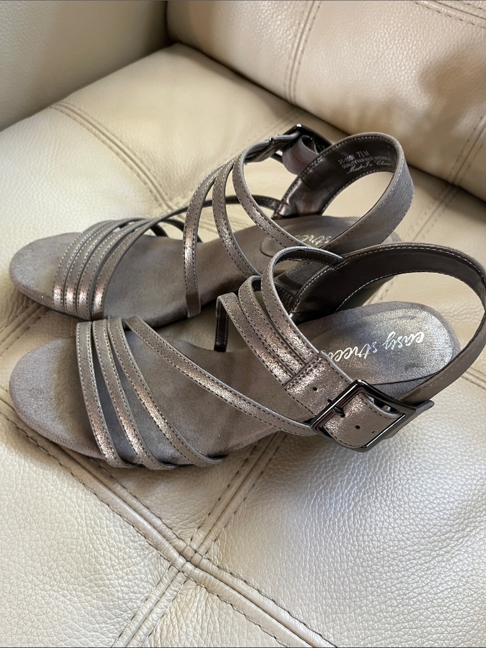 Easy Street Easy Flex Metallic Silver Strappy Slingback Heels Size 7.5